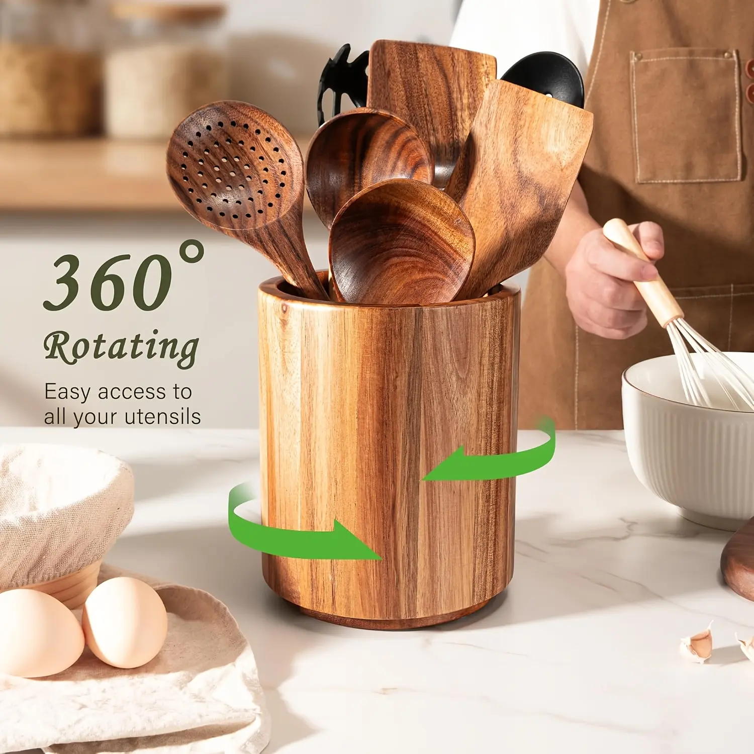 360° Rotating Countertop Organizer Wooden Jars Perfect for Spatulas Wooden Kitchen Utensil Holder Farmhouse Style Kitchen Organizer