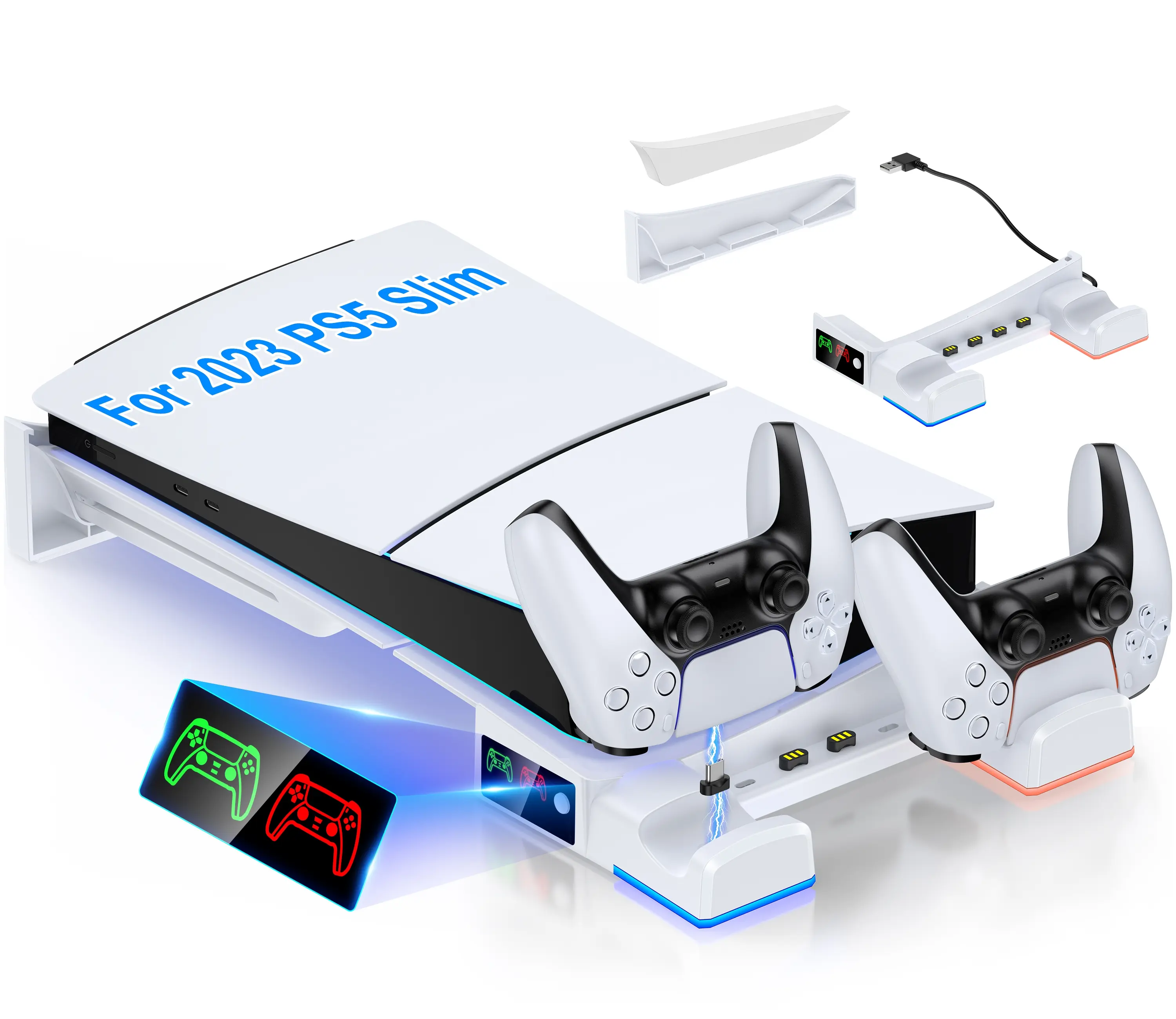 Horizontal Safety Stand for PS5 Pro / PS5 Slim Digital & Disc Edition with Cool lights, Non-Slip Bracket Base Accessories with 4-Port USB Ports, White, Ps5 Controller Accessory