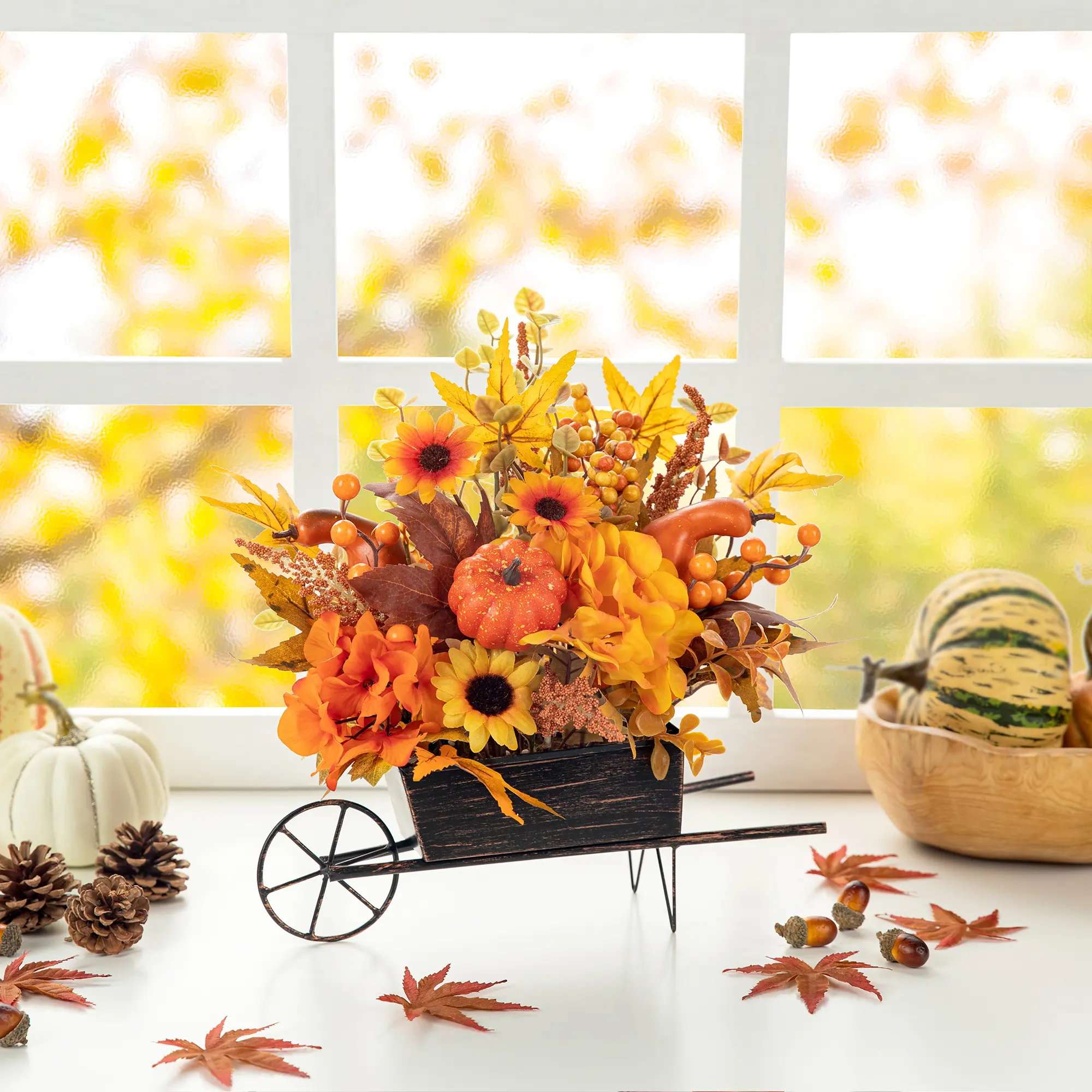 Glitzhome 14-in Fall Floral Cart Centerpiece, Home Decor, Room Decor for Indoor Tabletop Display, Fruit