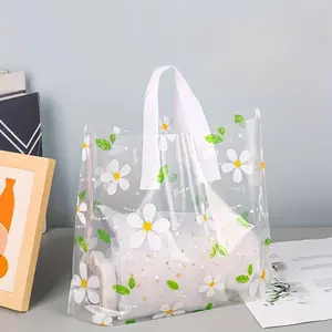 Daisy Flower Pattern Transparent Tote Bag, Plastic Tote Bag, 5 Counts Portable Shopping Bag, Gift Bag, Clothing Shop Shopping Bag, Holiday Party Gift Bag, Toiletry Bag, Fashionable Shopping Bag, Reusable Shopping Bags, Reusable Grocery Bags