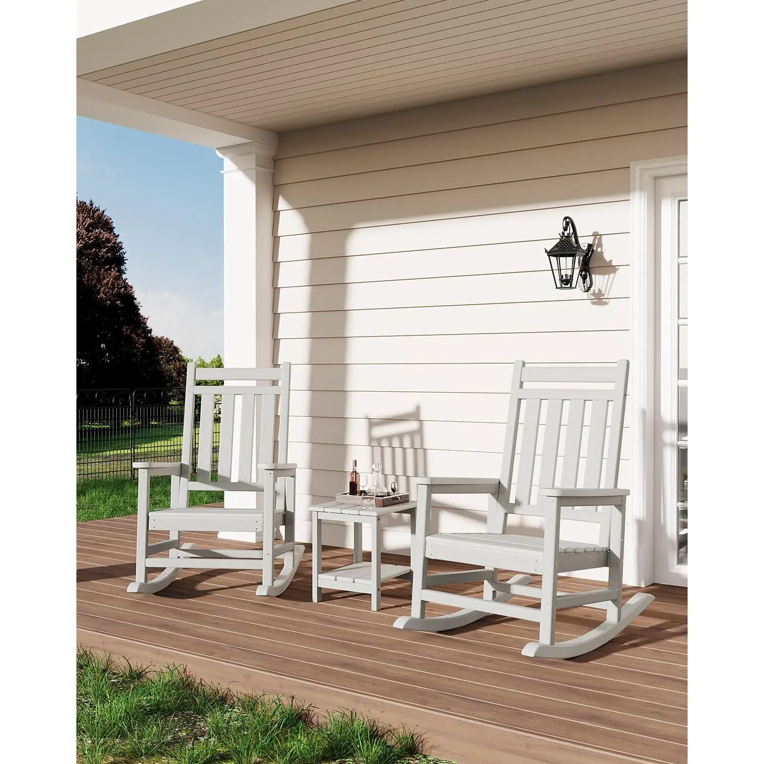 2-Seat HDPE Plastic High-Back Rocking Chairs Set with Side Table, 380lb Capacity, Weatherproof All-Weather Outdoor Chairs for Poolside Garden, Easy Setup