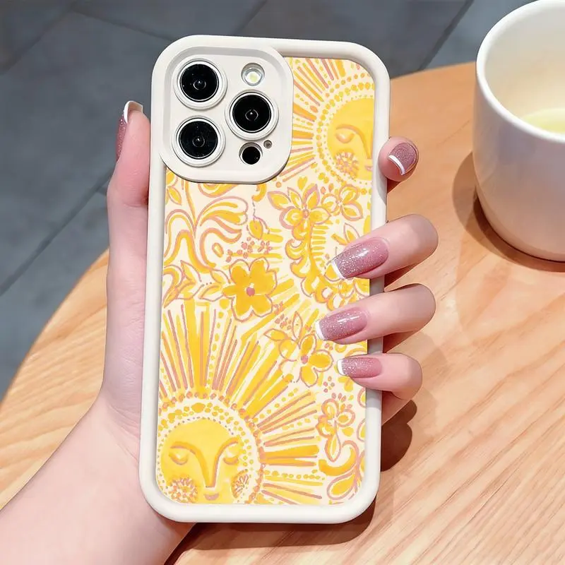 Sunflower graffiti pattern phone case. Compatible with iPhone 17 Pro Max/16 Pro Max/15 Plus/14/13/12/11, TPU soft case. Compatible with Galaxy S26 Ultra/S25 Plus/S24/S23, Dopamine color. Compatible with Galaxy A54/A53/A33/A15.