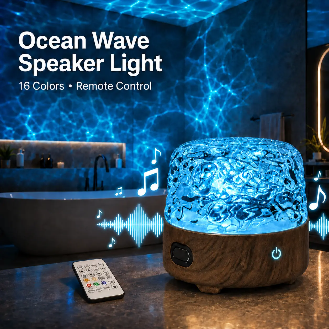 PINKART Shower Light with Built-In Speaker, 16-Color Water Ripple Projector Lamp with Remote & Touch Control, Rechargeable Splash-Resistant Bathroom Mood Light with Removable Lampshade and 4 Natural Sounds for Bathtub, Bedroom & Relaxation