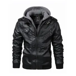Men’s hooded leather jacket coats with metal buckle decorations, multi-pocket design for casual and streetwear styles—an essential for everyday wear
