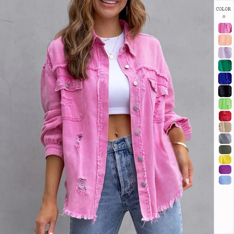 Women's Distressed Loose Crop Shacket - Oversized Button-Front Festival & Everyday Layering Top with Ripped Detail, Casual Long-Sleeve Coats