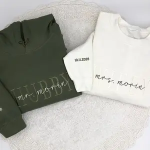 Wifey & Husband Embroidered Sweatshirt, Matching Mr & Mrs Sweatshirt, Honeymoon & Bridal Gift Crewneck, Bride and Hubby Wedding Sweater