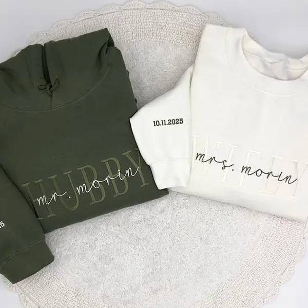 Wifey & Husband Embroidered Sweatshirt, Matching Mr & Mrs Sweatshirt, Honeymoon & Bridal Gift Crewneck, Bride and Hubby Wedding Sweater