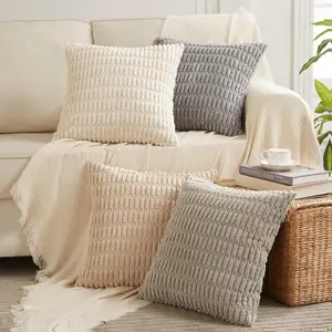 4 Packs Neutral Decorative Throw Pillow Covers 18x18 Inch for Living Room Couch Bed Sofa, Rustic Farmhouse Boho Home Decor, Soft Plush Striped Corduroy Square Cushion Case 45x45 cm