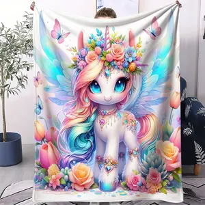 100% Polyester Flannel Flat Weave Childhood Blanket - Dreamy Unicorn Print, Fluffy, Fairytale Charm, Family Bedroom Use, Ideal Children's Gift, Multiple