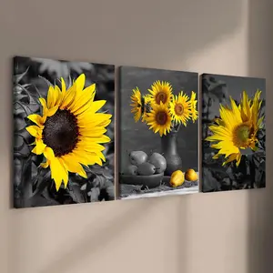 Sunflower Pattern Wooden Framed Canvas Painting, Modern Floral Paintings, 3 Counts Modern Wall Art Poster, Wall Decor for Home Living Room Bedroom Office, Art Wall Decoration