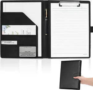 Professional Padfolio with Clipboard, Faux Leather Portfolio Folder Binder, Legal Pad Holder for A4 Letter Size Notepad, Resume, Writing Pad, Ideal Organizer for Business Office Conference, Black, NQUBG