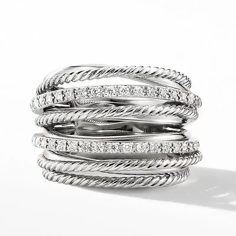 Vintage Multi-strand Intertwined Ring, Multi-layer Band Inlaid with Zircon, 14K Silver Plated, Waterproof & Anti-tarnish, Unisex Stylish Decorative Finger Ring. Sparkling Multi-row Diamond Finger Ornament, Ideal Gift for Birthday, Anniversary and Wedding.