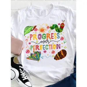 [Caterpillar Teacher T Shirt] Caterpillar Progress Over Perfection Women's Casual Teacher T Shirt, Round Neck graphic tee graphic t-shirts