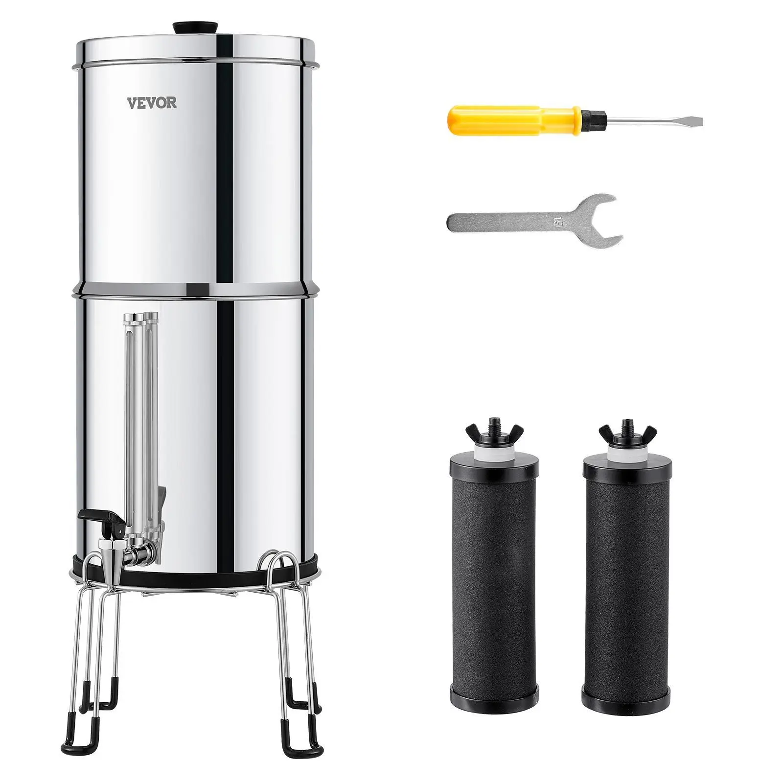 【Backtoschool】VEVOR Gravity-fed Water Filter System,  , 2.25G 304 Stainless-Steel Countertop System, Water Filtration System, Reduces Lead and up to 99% of Chlorine, with 2 Carbon Filters, Water Level  Spigot, Stand