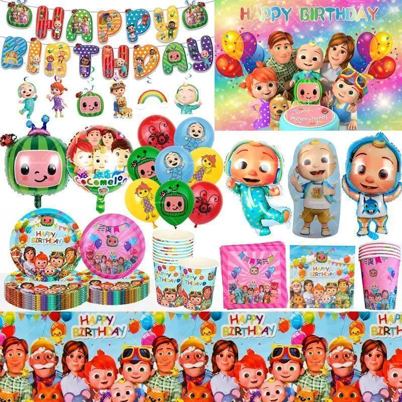 Cocomelon Balloons Cartoon Watermelon Baby Cake Topper Birthday Banner Party Decoration Background Stickers Disposable Tableware