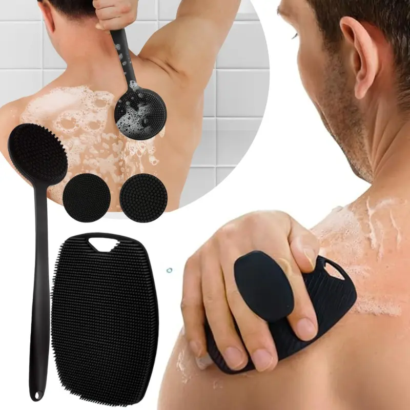 2pcs Food-Grade Soft Silicone Exfoliating Shower Back Scrubber with Long Handle - Personal Gentle Soothing Bath Body Brush for Sensitive Skin