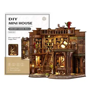 Dreamy Book Hall Book Nook Kit – DIY Miniature Library Scene with LED Lights, Handmade Wooden Bookshelf Decor for Book Lovers