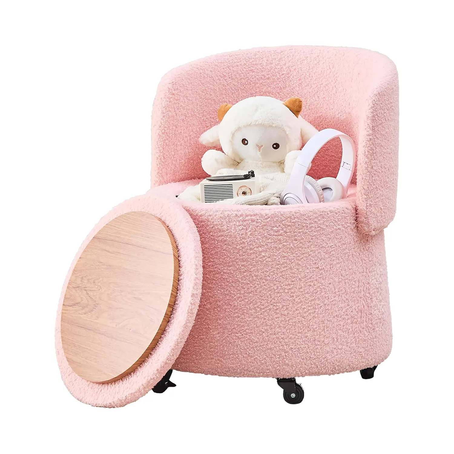 Upholstered Storage Ottoman - Modern Teddy Velvet Chair for Vanity with Back, Universal Wheels, Extra Seating, Small Side Table, Footrest for Bedroom