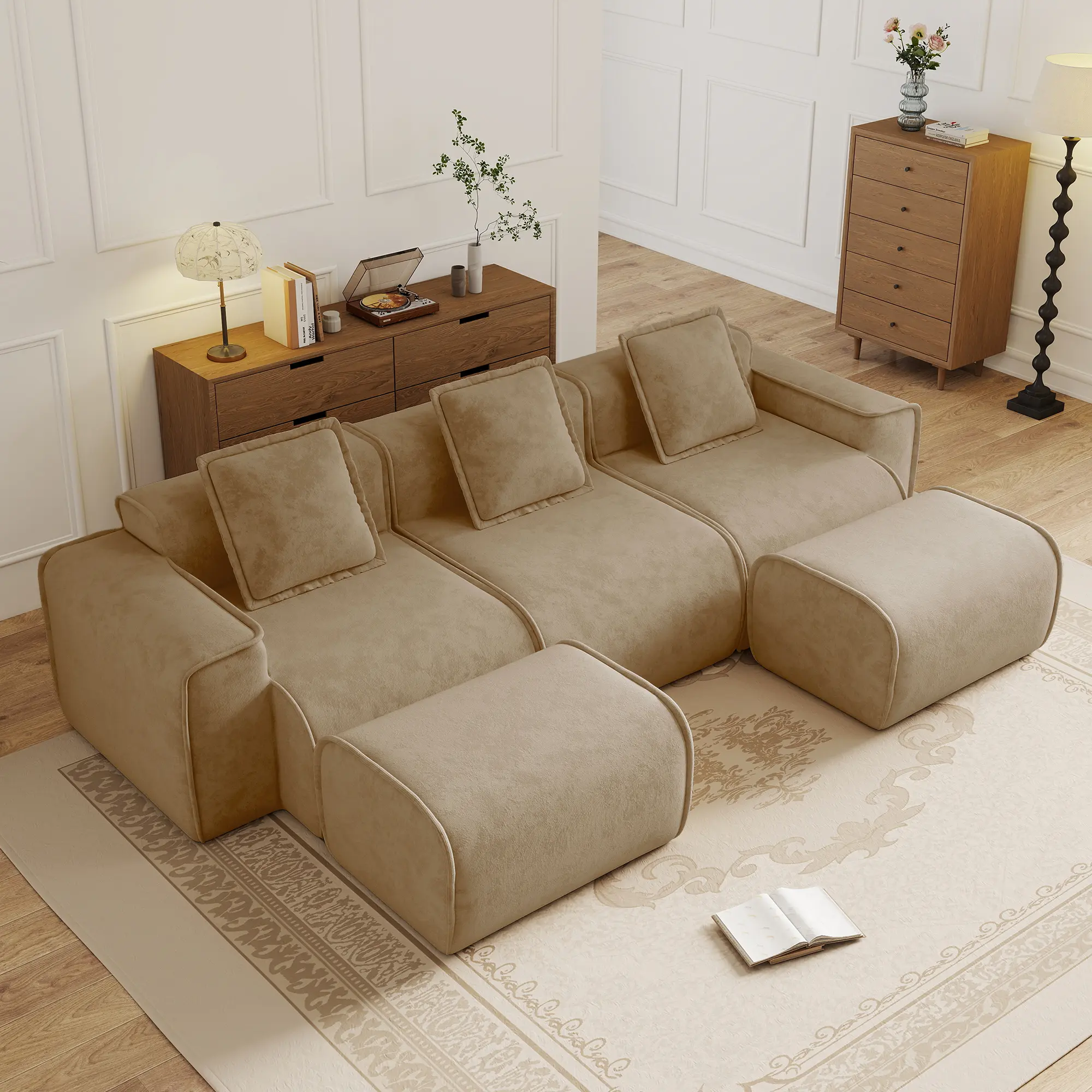 Modular 3 Seat U Shape Sectional Boneless Sofa with French Edge Piping, No Assembly Required, 3-Seat Couch with Throw Pillows and 2 Movable Ottomans, Velvet Fabric Brown for Living Room, Living Room Furniture for Apartment, Lounge