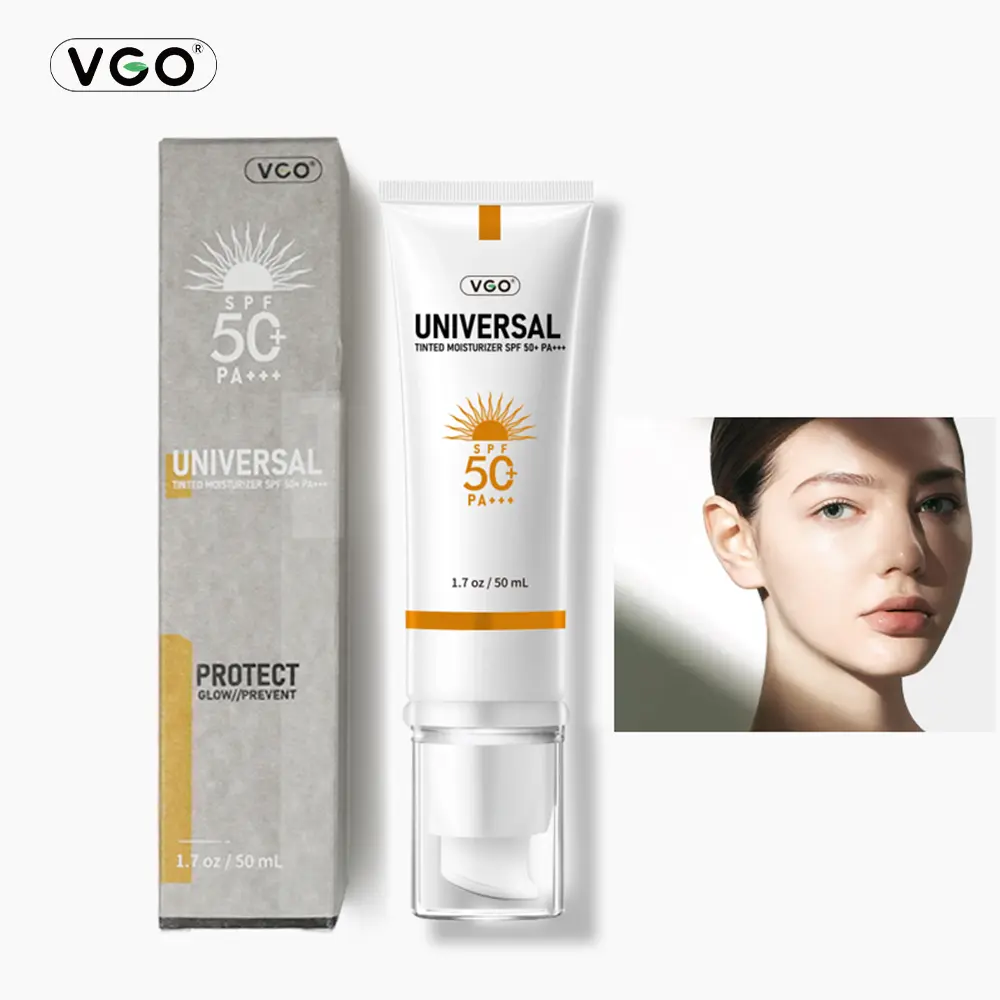 VGO Tinted Facial Sunscreen with Frankincense, SPF 50+ Hydrating & Oil-Free Sunblock Moisturizer for Radiant Skin, Moisturizing, Cleansing, Spf Makeup, Meadowfoam Seed Oil, Alcohol Free, After Sun Care, Adults, High-Density Protection, Hypoallergenic, Dam