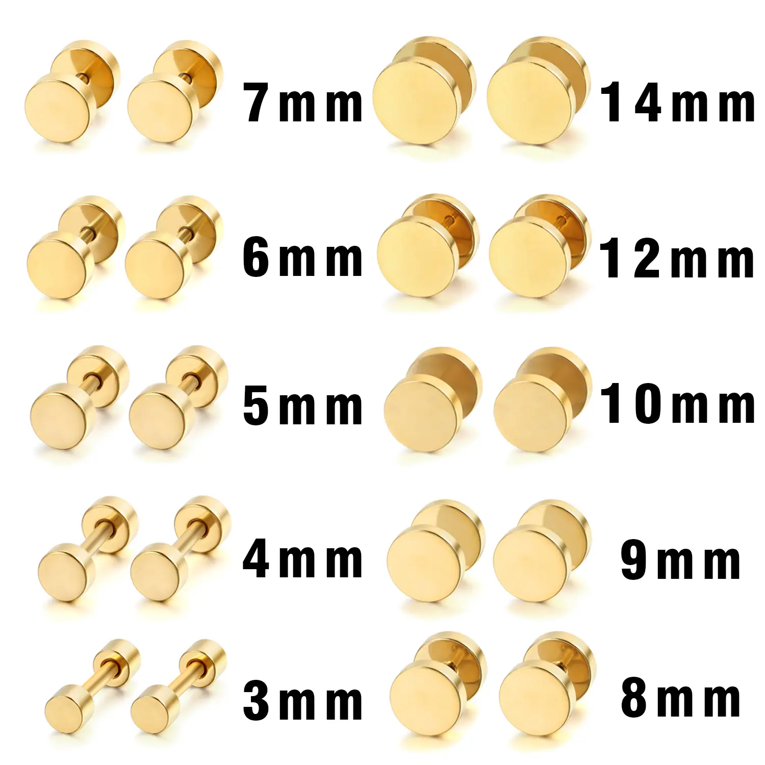 OIDEA 3-14mm Stainless Steel Round Stud Earrings - Non Tarnish, Disc, Gloss Minimalist, Bullet Style Unisex Hip Hop Rock Punk Earrings for Everyday Wear, Non Tarnish Earrings, Disc Stud Earrings