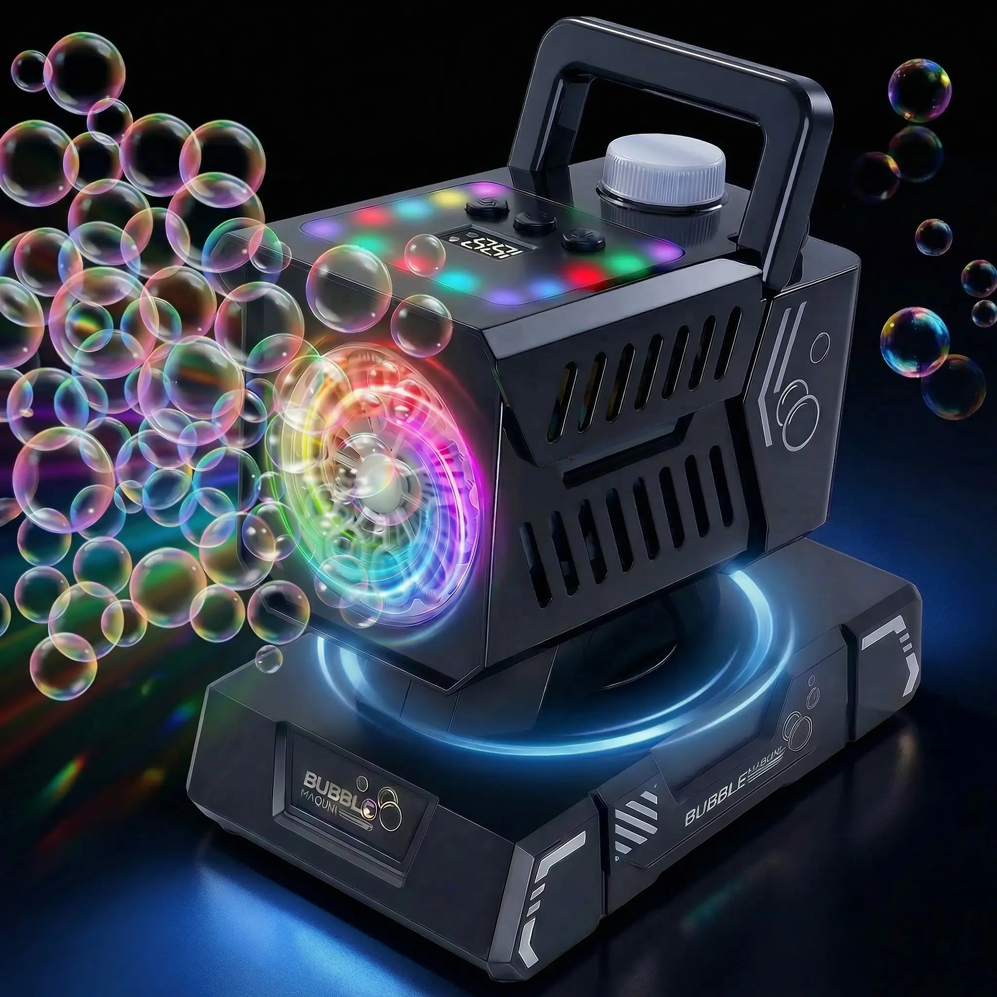 Fikomash Rechargeable Rotating Bubble Kit, Classic Party Black, 20,000+ Bubbles/min, 10 RGB Light Modes, 30M Remote Control, Portable Handle