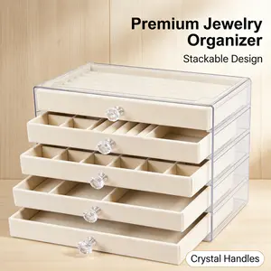 5-Layer Jewelry Organizer Box with Crystal Handles – Stackable Jewelry Storage Case with Clear Lid, Elegant Display for Rings, Earrings, Necklaces & Watches, Premium Drawer Design for Vanity, Bedroom, and Dresser