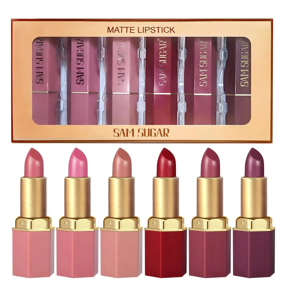 6-Pack Long Lasting Soft Matte Lipstick Set, Pearl Glossy Finish Moisture Hydrating, Easy Application Velvet Moisturizing Hexagonal Lipsticks, Perfect Makeup Kit, Moisturize