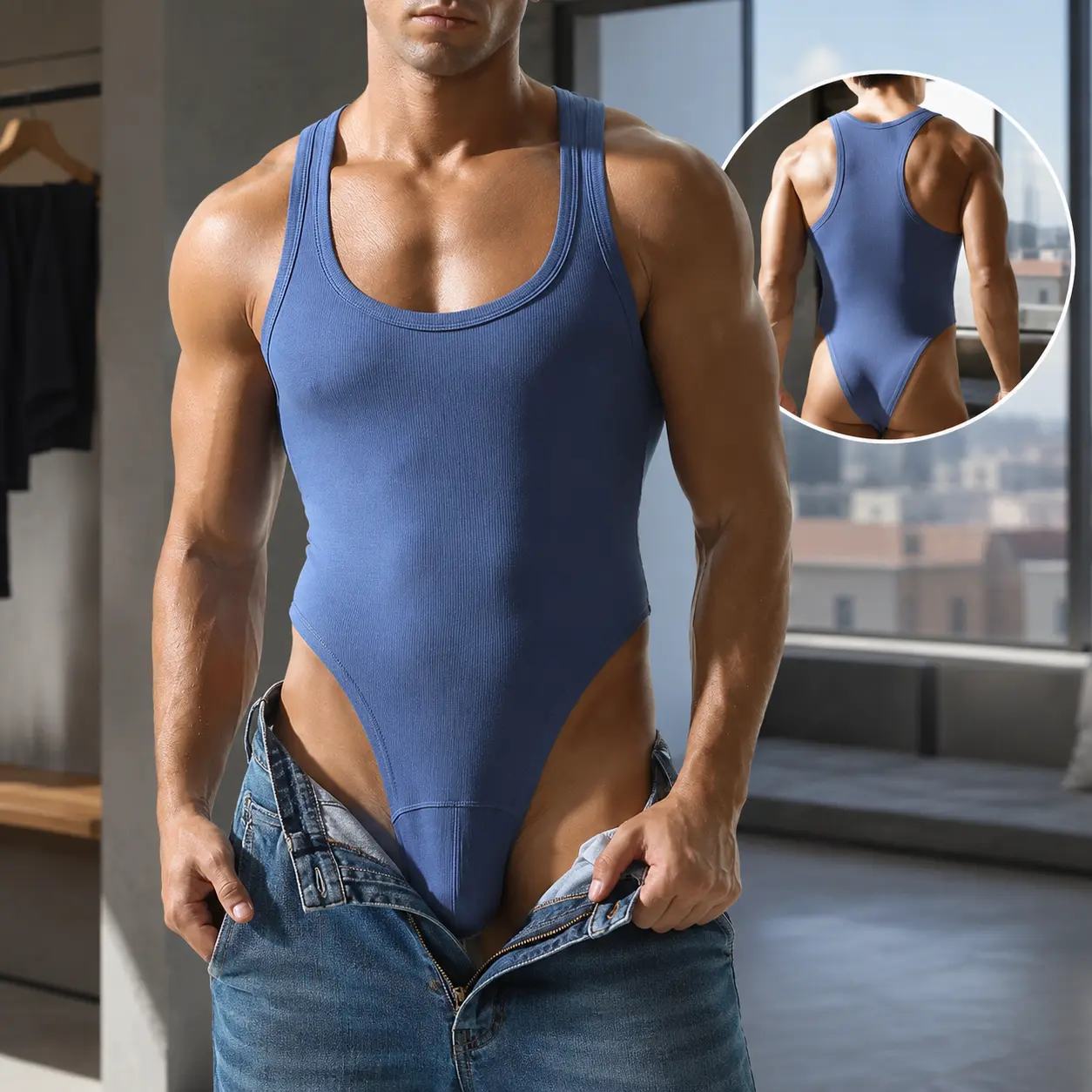 Tauwell Men’s Ribbed Thong Bodysuit - Sleeveless Scoop Neck Racerback 1-Piece Leotard, High-Cut Legs, Stretch Fit Menswear Shapewear for Layering, Dance, Lounge-24708