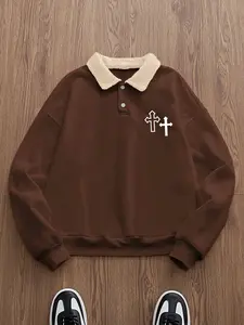 Men's Christian Cross Polo Neck Sweatshirt Long Sleeve, Casual Trendy Loose Fit Pullover, Faux Fur Collar & Buttons, Fall Winter Streetwear, Tops