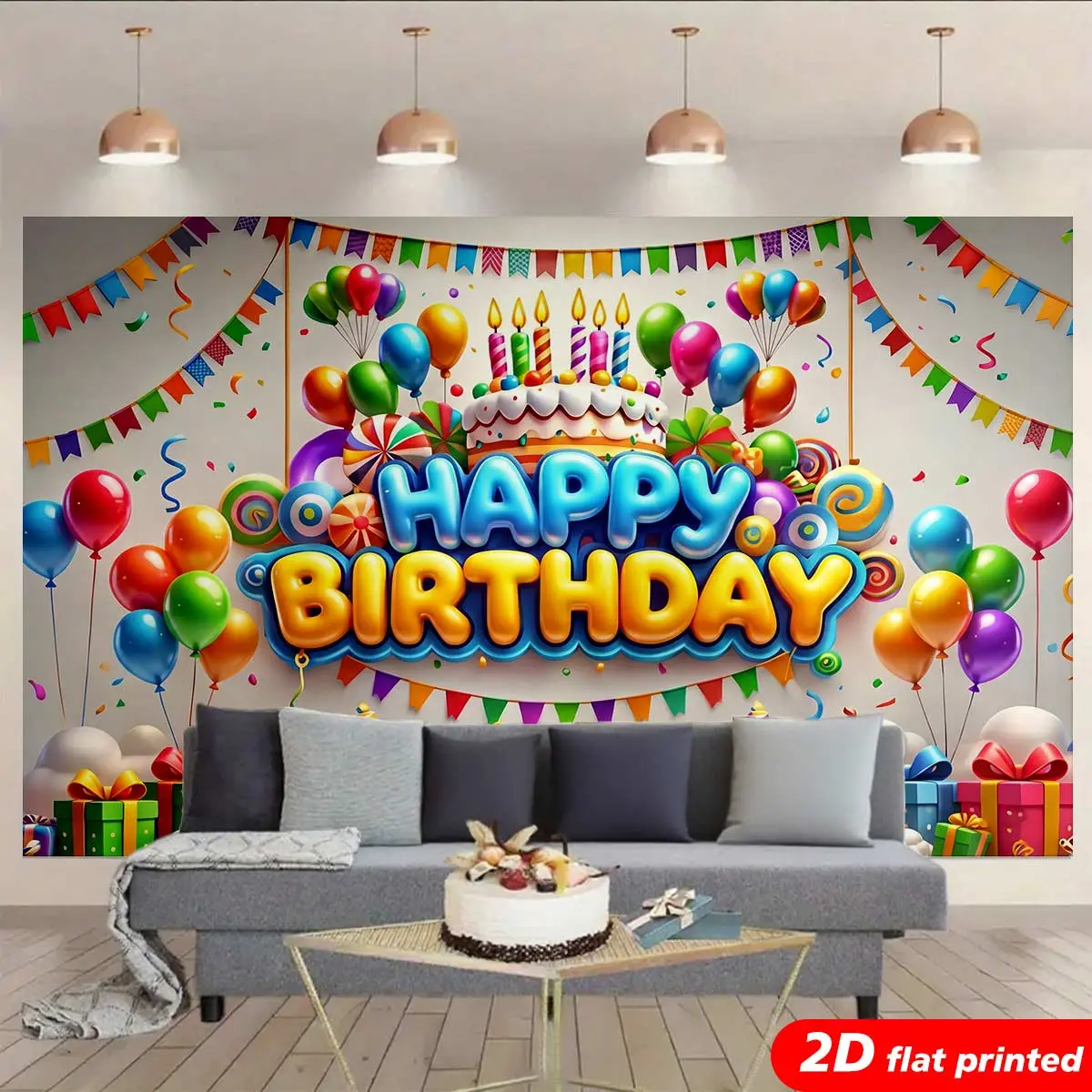 Funny Synthetic Polyester 2D Flat Printed Tapestry - Balloon, Cake, Candy, Streamers, Carnival Designs, Wrinkle Resistant Hanging Wall Art, Whimsical Home Decor, Kids' Birthday Gift