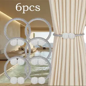 (Buckle Design) 6pcs Vintage Style Pearl Curtain Tiebacks, Snap Curtain Cord Closure Strap Plastic Woven Design, Firm Snap Design, No Drilling Required, Easy Installation, Stylish Bedroom, Living Room And Home Decor Curtain Clasps - Space Saver