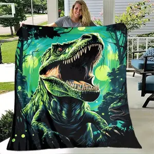 1Pc Fluorescent Green Dinosaur Monster Thin Blanket Lightweight Flannel Throw Blanket For Sofa, Bed, Travel, Camping, Livingroom, Office, Couch, Chair, And Bed