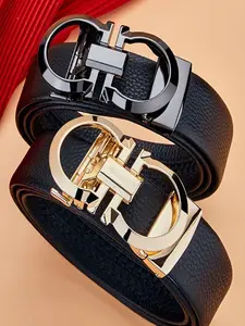 Men's PU Leather Belt with Automatic Buckle, Durable Alloy Waistband, Casual Men Fashion Universal Fit Belt for All Seasons