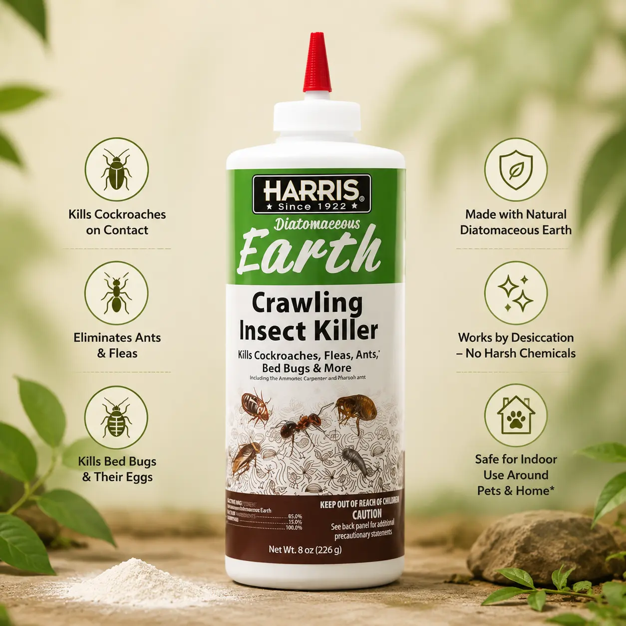 Chemical-Free Indoor Diatomaceous Earth Powder Insect Killer - 8 oz Natural Solution, Long Lasting Mechanical Crawling Insect Barrier, Effective for Roaches, Fleas, Ants, Bed Bugs - Ideal for Basements, Entry Points