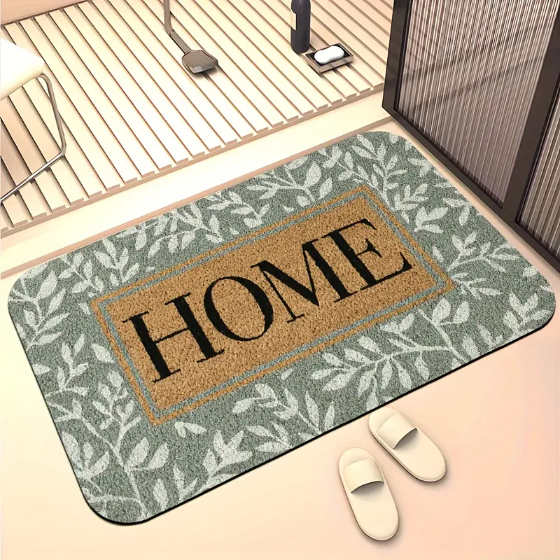 1pc Rectangle Flannel Home Entrance Mat with Minimalist Plants Pattern & HOME Letter Print, Modern Elegant Household Textile for Bathroom/Kitchen, Soft Flannel Decor Mat, One-Piece