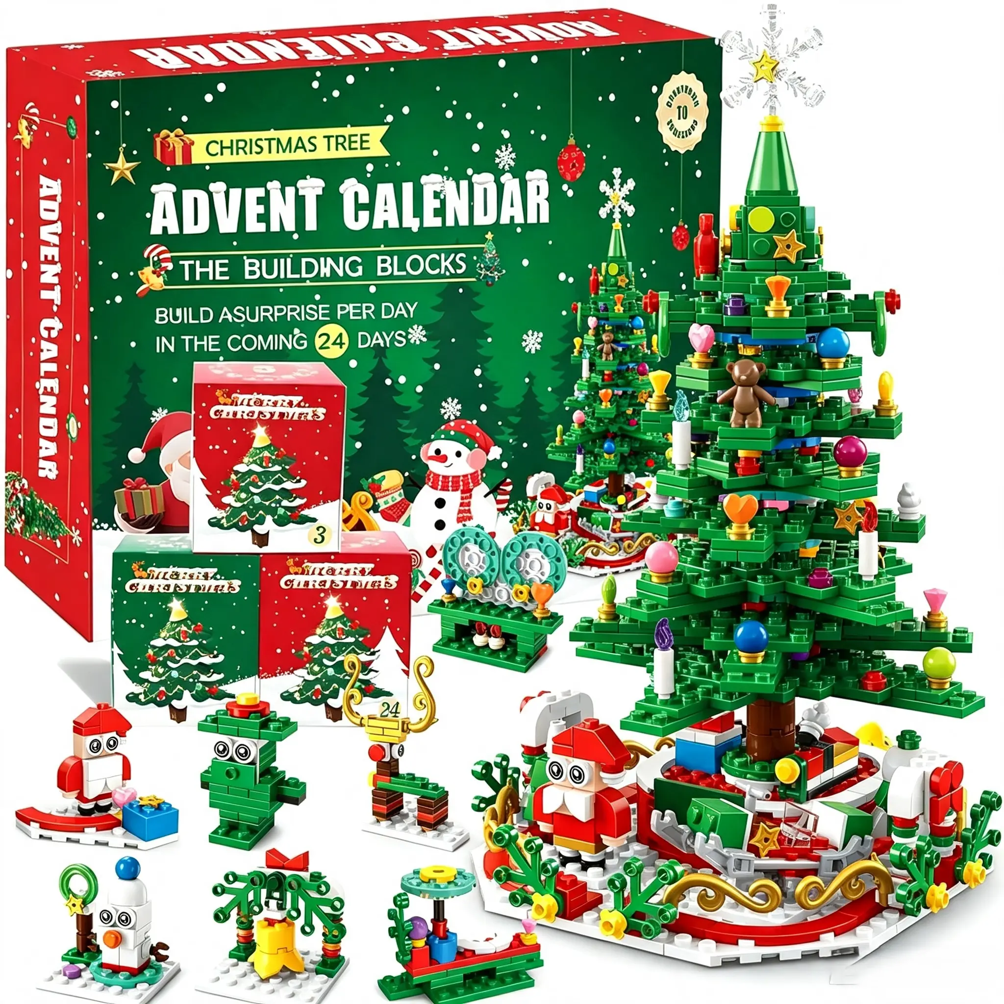 Christmas Advent Calendar Building Blocks | 24 Days Countdown Blind Box, 24-in-1 Xmas Bricks Kit, Santa & Christmas Tree Building Toy, Kids Holiday Gift