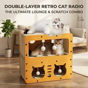 This multi-level cat house combines a cozy hideaway,  scratching pad, and hanging toy balls into one compact unit. Perfect for satisfying your cat’s natural instincts to scratch, hide, and play, all while saving space in your home.