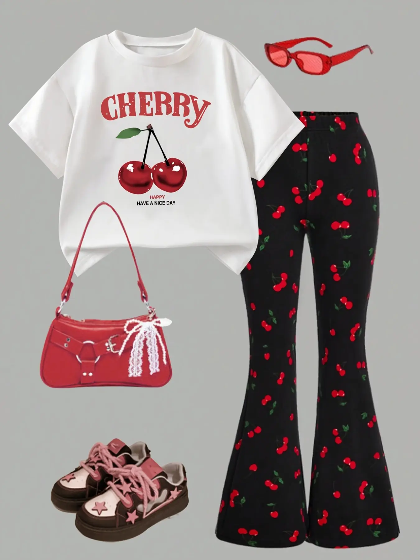 Women's Cherry Print Top & Bell Bottoms Piece Set, Casual Chic Set, Outfit, Casual Loose Fit, Style, Perfect for Spring Summer Fall, Ideal for Outdoor Activities, Clothes