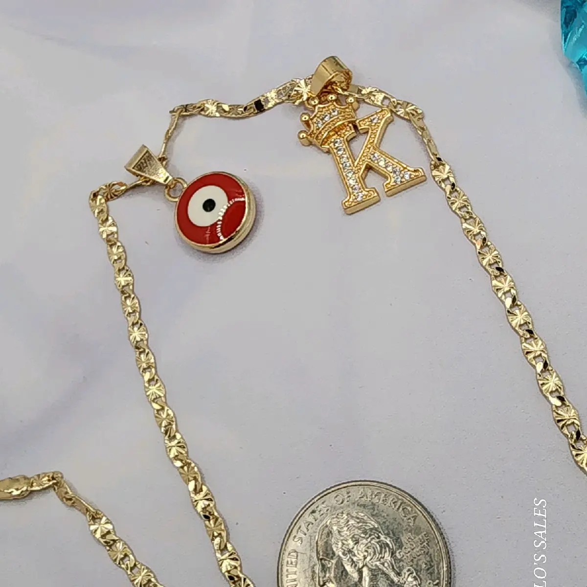 chain with letter regular style Gold-plated no fade no tarnish just don't take long showers with them gold over stainless