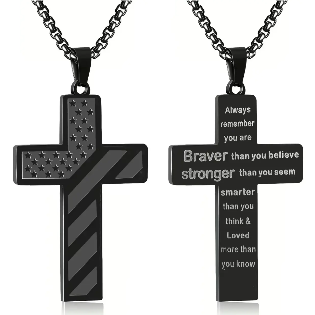 Black Stainless Steel Crucifix Necklace for Men with American Flag Cross Design & 24-Inch Wheat Chain - Cool Men's Stuff, Spiritual Boy Gifts for Valentines, Teenage Boy Gifts, Cool Stuff For Teen Boys