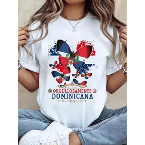 1pc Women'S Casual T-Shirt | Butterfly Design with Dominican Flag Colors and Coat of Arms Elements, "ORGULLOSAMENTE DOMINICANA" Text, Comfortable Fabric, Machine Washable, All-Season