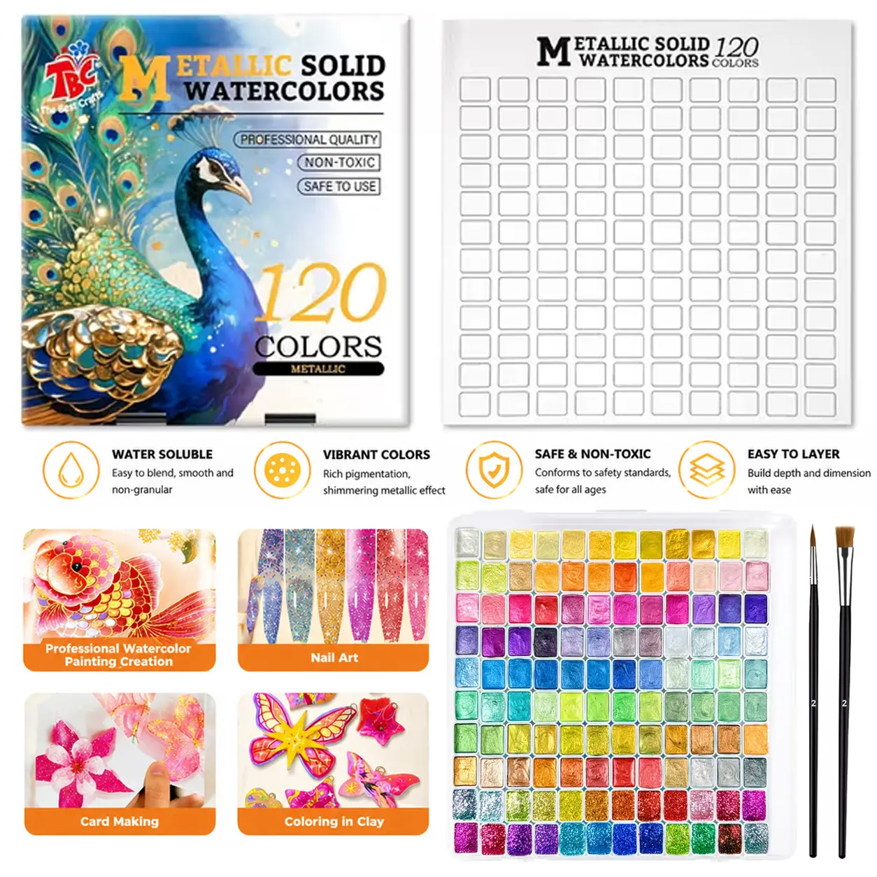TBC Metallic Solid Watercolor Set with Shimmer Palette - Portable Office Art Painting Supplies, Crafting & DIY Painting Supplies for Adult Beginners, Ideal for Travel