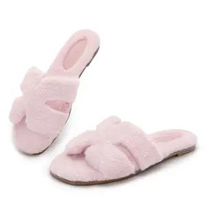 Women's Open Toe Fuzzy House Slippers Cute Fluffy Slip on Slide Slippers for Bedroom Indoor Bridesmaid Girl Flipflop