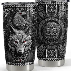 Sandjest Viking Wolf 20oz Tumbler with Lid, Stainless Steel Vacuum Insulated Portable Travel Coffee Thermal Cup, Men Gift on Father's Day Christmas