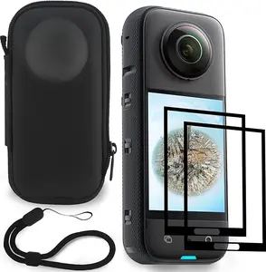 FiTSTILL Black Mini Carrying Hard Shell Travel Storage Case+Screen Protectors Compatible with Insta360x3 Accessories Kit,Easy Installation LCD Tempered Glass 9H Hardness Scratch Resistant
