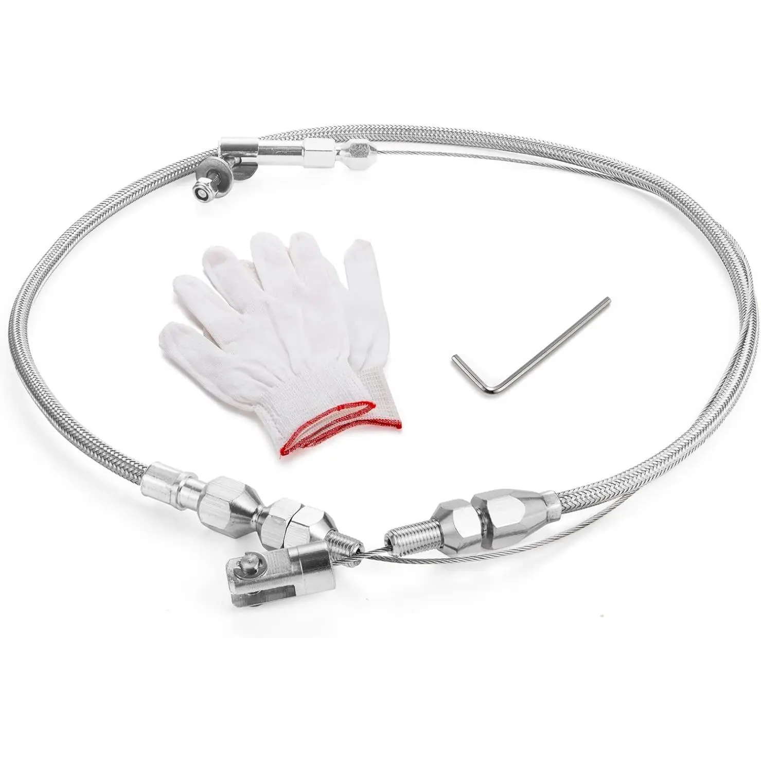 1x 24-in Universal Throttle Cable Kit - Stainless Steel Braided Cover, Aluminum Fitting, Ferrule, Locking & Adjustable Automotive Motorcycle Replacement Part, W/1x Pair of Gloves, User Manual, Wrench