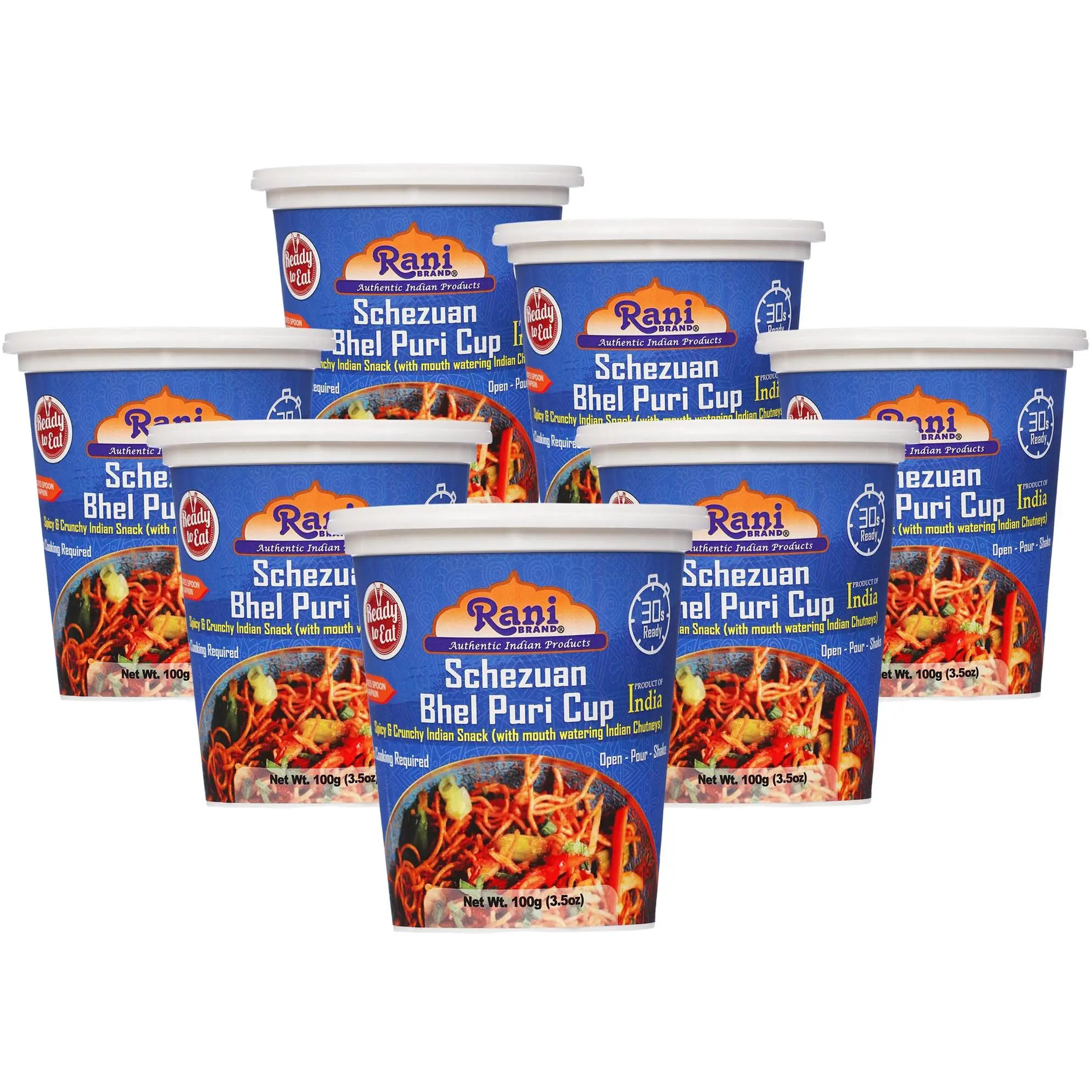 Rani Schezuan Bhel Puri Cup (Spicy & Crunchy Indian Snack w/ mouth watering Indian Chutneys) 3.5oz (100g), Pack of 6+1 FREE ~ Ready to Eat | Vegan | NON-GMO | Indian Orgin