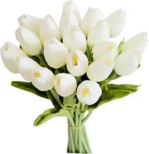 Artificial Tulips 20 Stems White PU Faux Flowers for Valentine's Day and Easter Decorations Wedding Home Decor 13.5 Inch