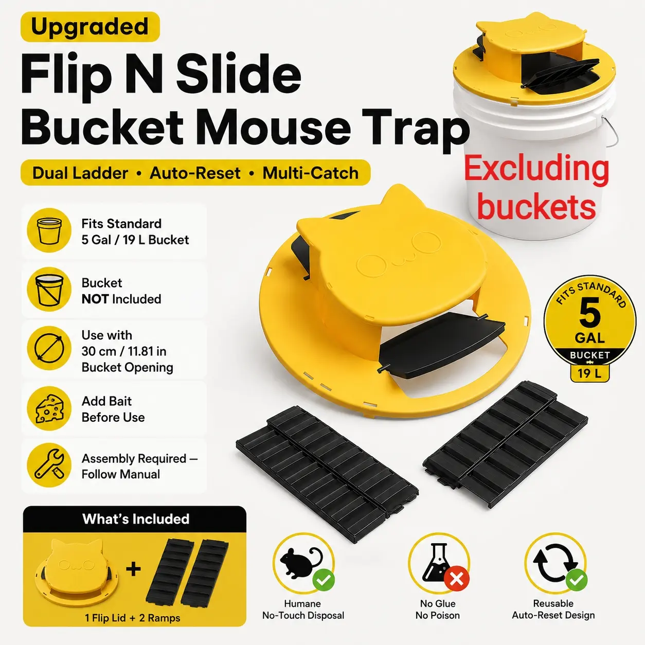 Upgraded dual-ladder cat head Flip N Slide Bucket Lid Mouse Trap,Mouse Traps Bucket for Indoor and Outdoor Use - Mouse Traps Indoor for Home - Multi-Catch, Auto-Reset, Humane or Lethal Rat Trap - ABS Material -Reusable Mouse Trap